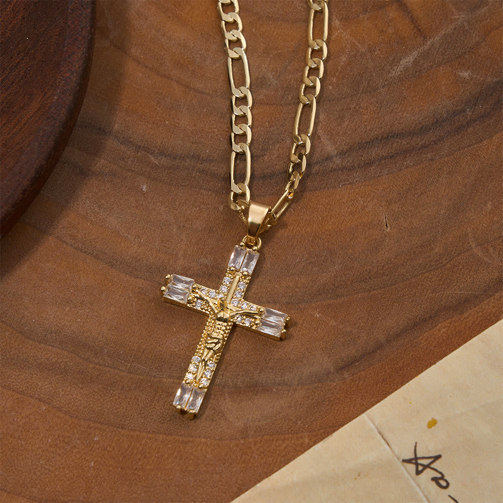 Baguette Crystal Crucifix Figaro Chain Necklace: Emblem of Everlasting Divine Mercy