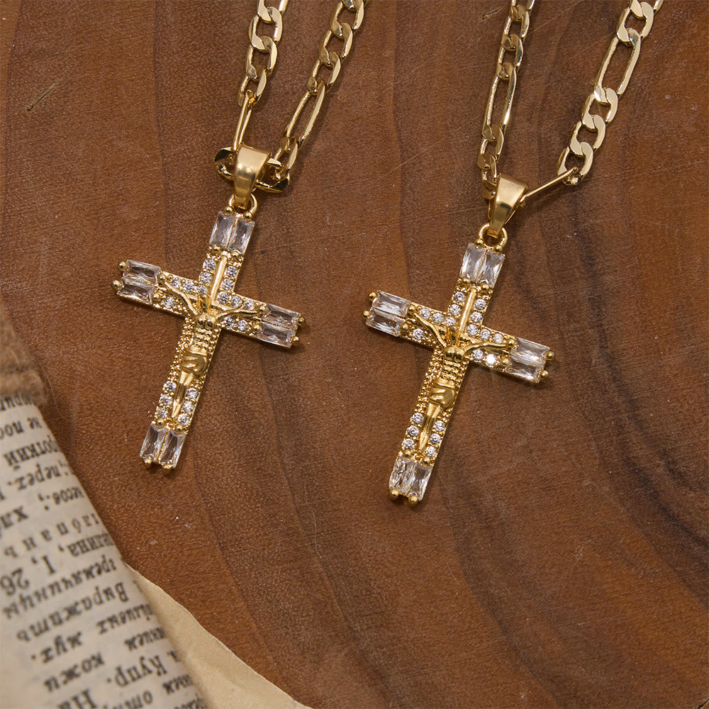 Baguette Crystal Crucifix Figaro Chain Necklace: Emblem of Everlasting Divine Mercy