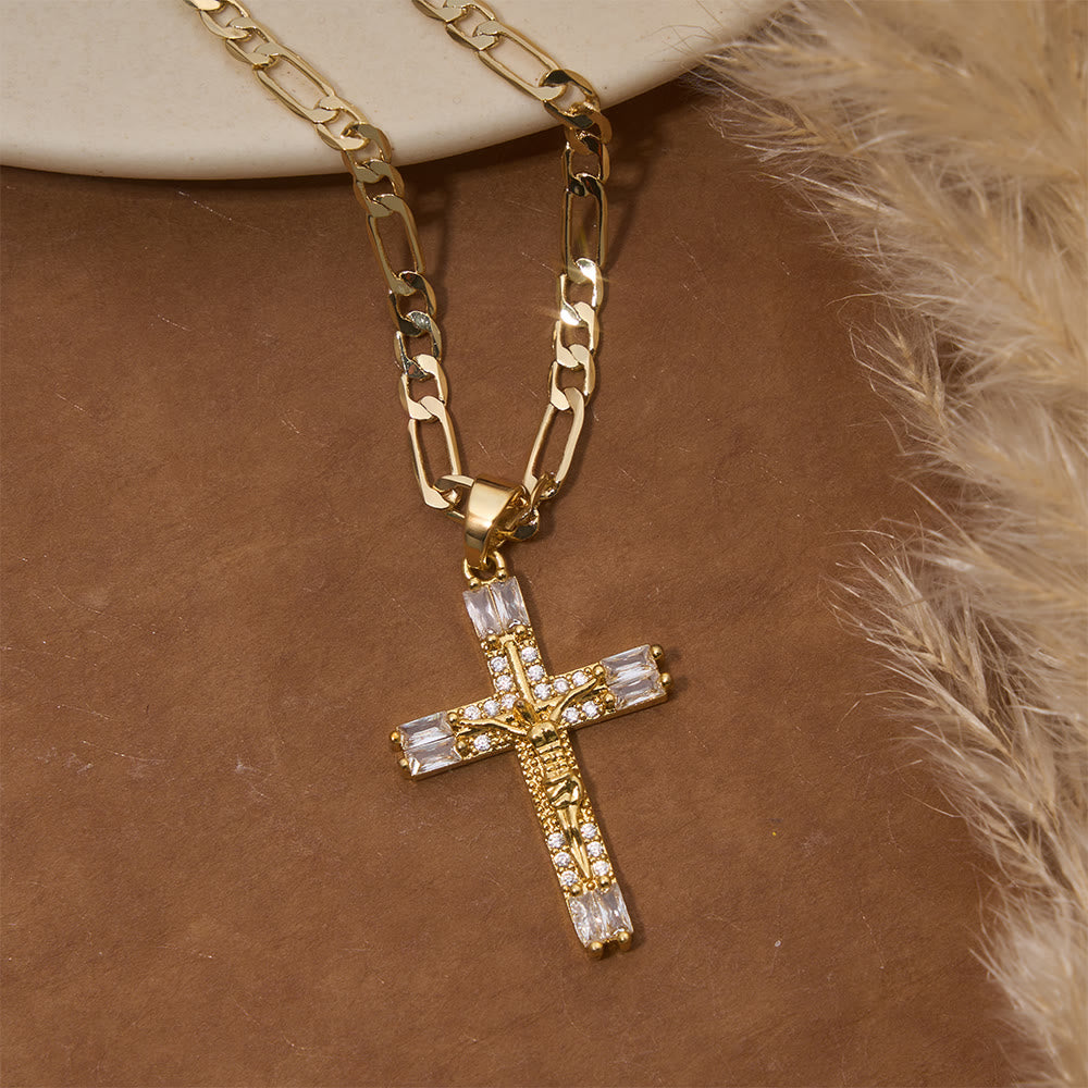 Baguette Crystal Crucifix Figaro Chain Necklace: Emblem of Everlasting Divine Mercy