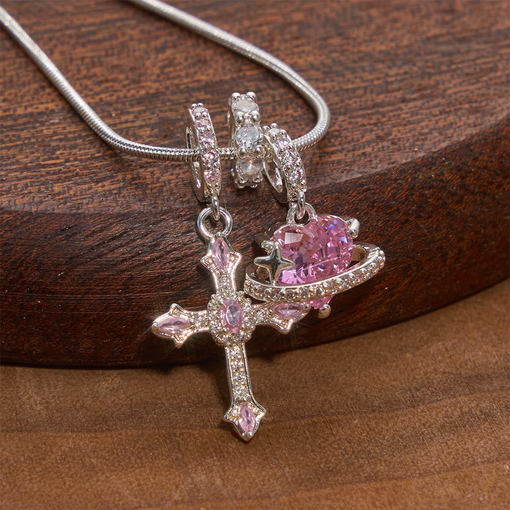 Whimsical Heart Planet & Jeweled Cross Necklace: Symbol of Unfailing Celestial Care