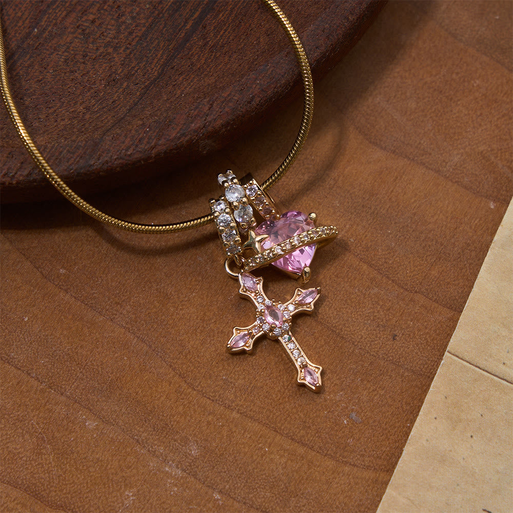 Whimsical Heart Planet & Jeweled Cross Necklace: Symbol of Unfailing Celestial Care