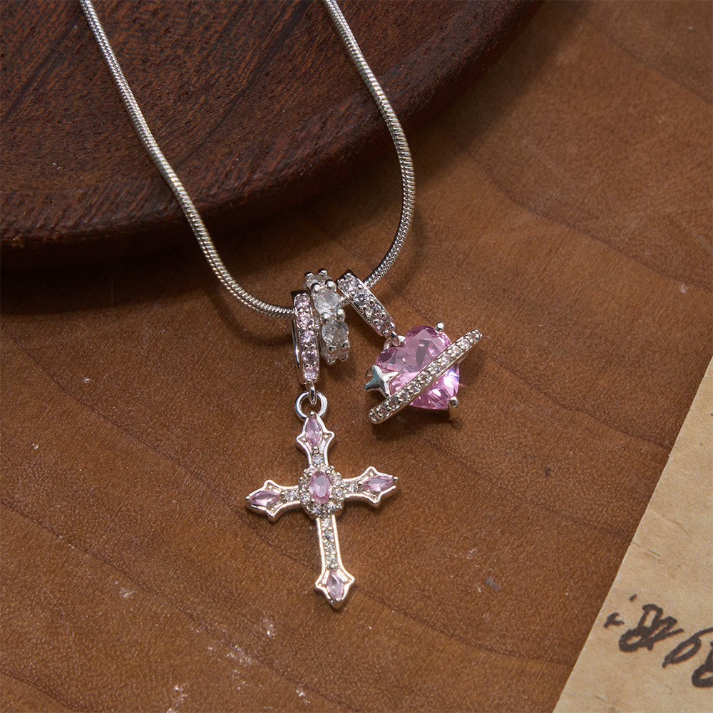 Whimsical Heart Planet & Jeweled Cross Necklace: Symbol of Unfailing Celestial Care