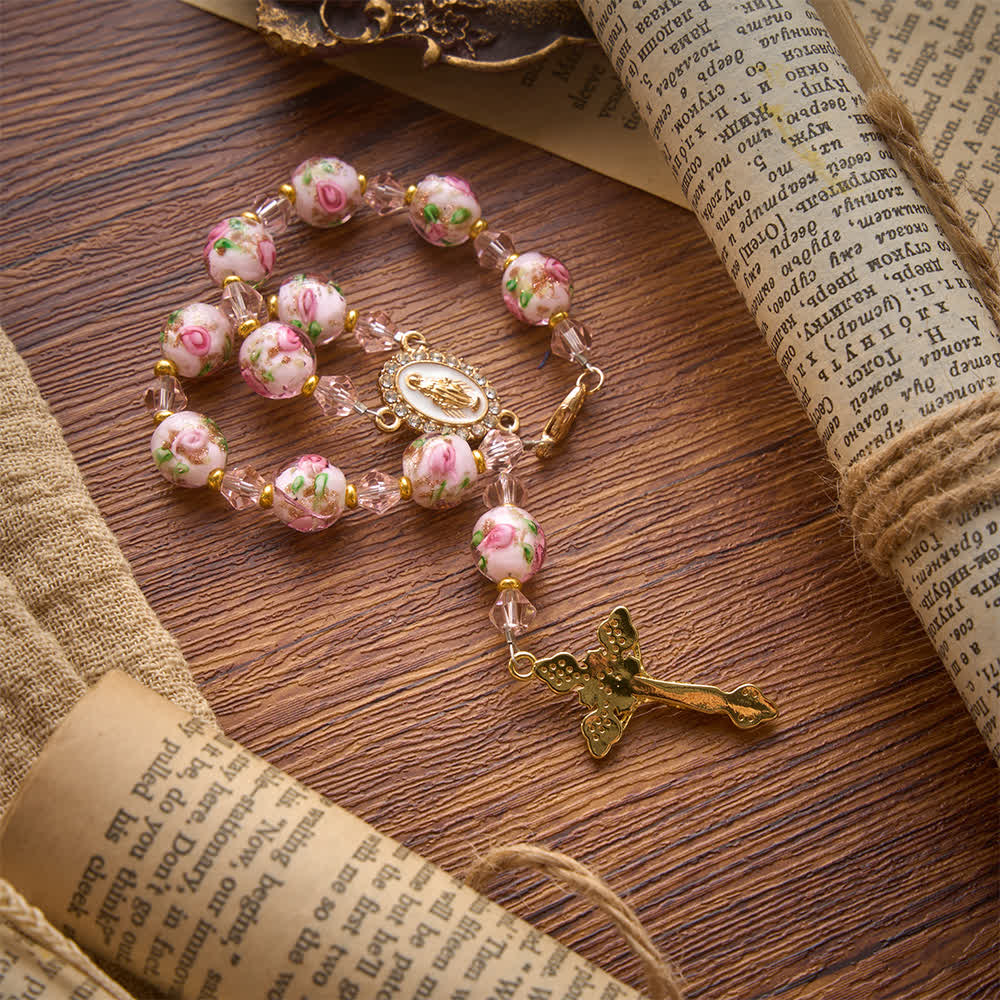 Floral Painted Glass Pocket Car Rosary With Rhinestone Crucifix: Emblem of Gentle Heavenly Peace