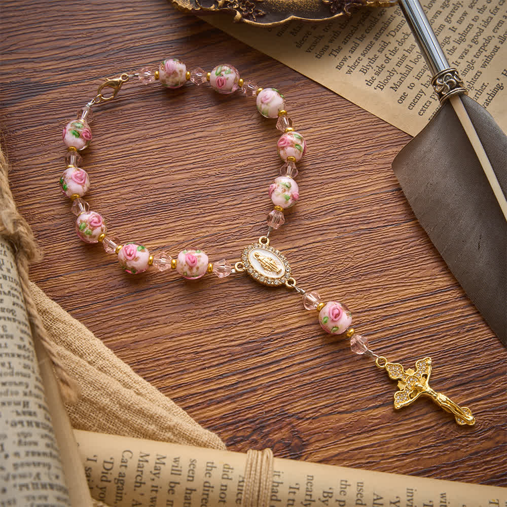 Floral Painted Glass Pocket Car Rosary With Rhinestone Crucifix: Emblem of Gentle Heavenly Peace