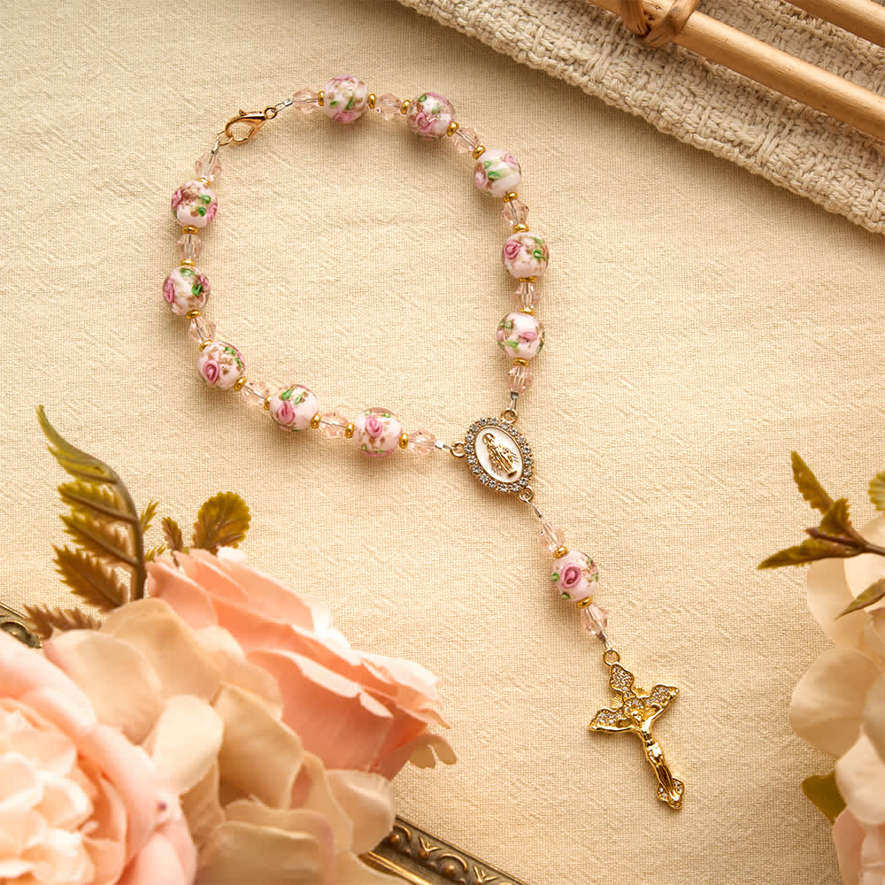Floral Painted Glass Pocket Car Rosary With Rhinestone Crucifix: Emblem of Gentle Heavenly Peace