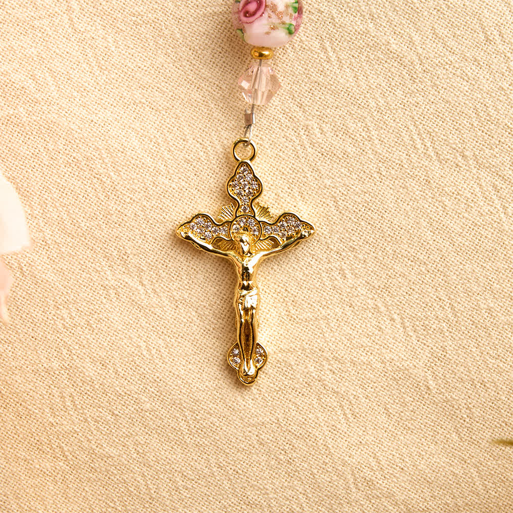 Floral Painted Glass Pocket Car Rosary With Rhinestone Crucifix: Emblem of Gentle Heavenly Peace