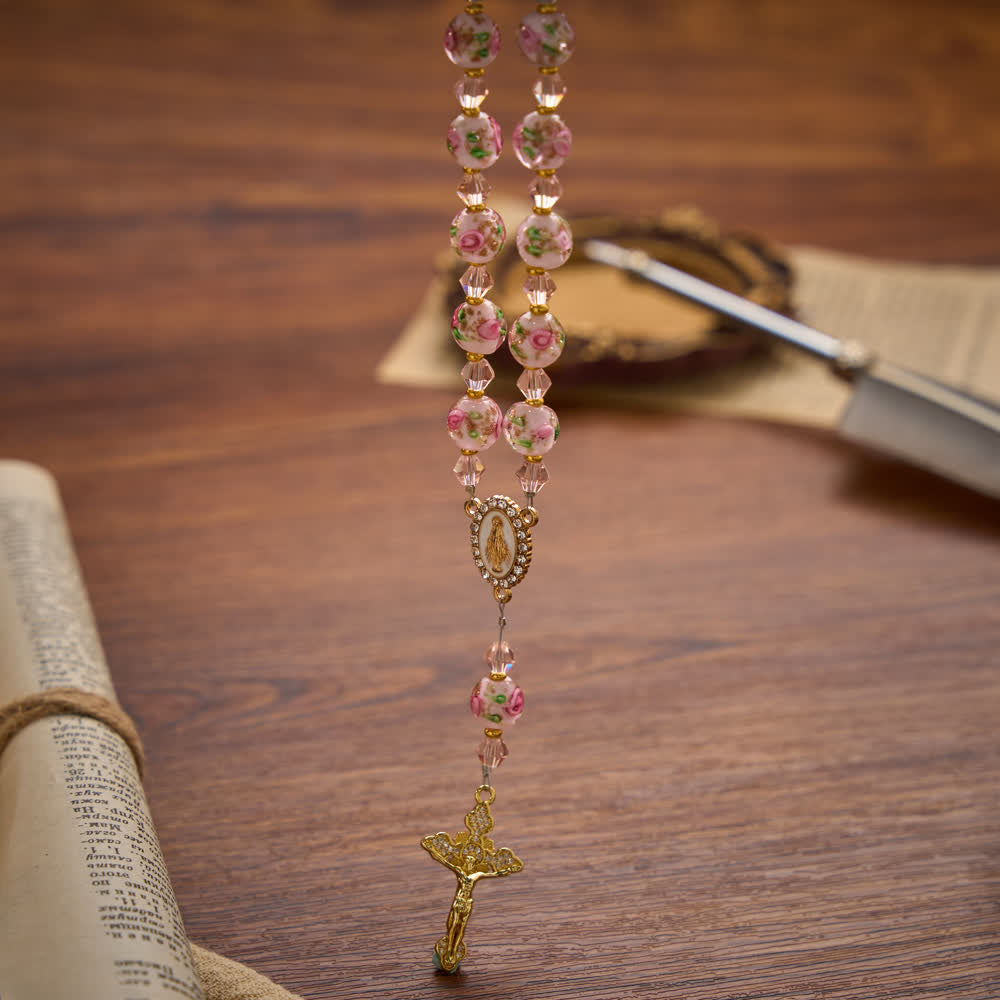 Floral Painted Glass Pocket Car Rosary With Rhinestone Crucifix: Emblem of Gentle Heavenly Peace