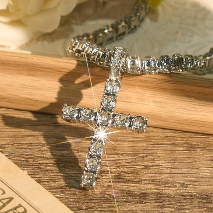 Sparkling Gem Encrusted Cross Pendant Tennis Chain: Token of Divine Calm and Hope