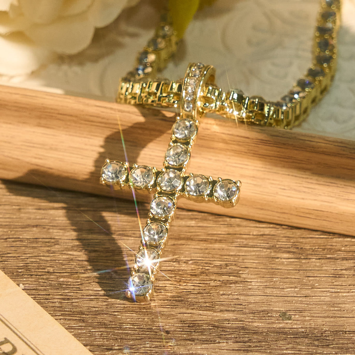 Sparkling Gem Encrusted Cross Pendant Tennis Chain: Token of Divine Calm and Hope
