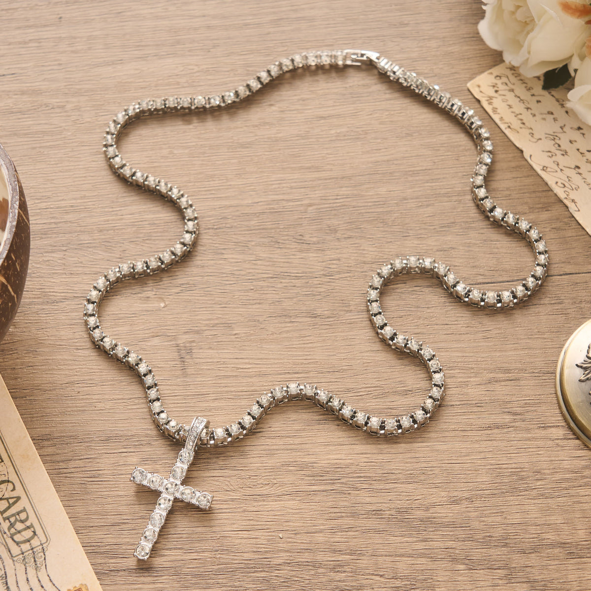 Sparkling Gem Encrusted Cross Pendant Tennis Chain: Token of Divine Calm and Hope