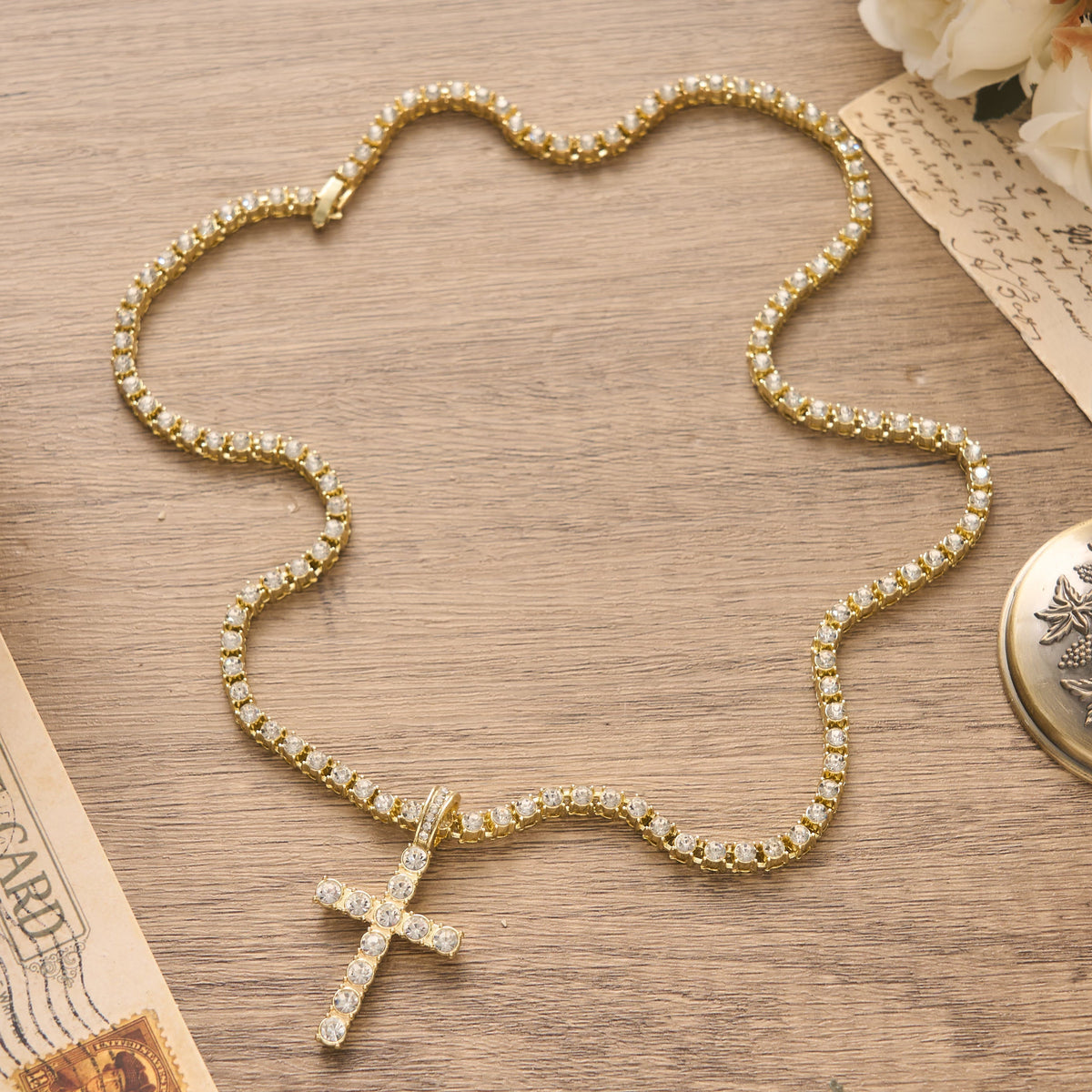 Sparkling Gem Encrusted Cross Pendant Tennis Chain: Token of Divine Calm and Hope