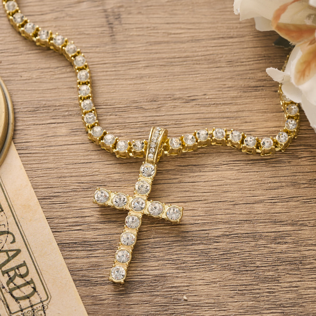 Sparkling Gem Encrusted Cross Pendant Tennis Chain: Token of Divine Calm and Hope