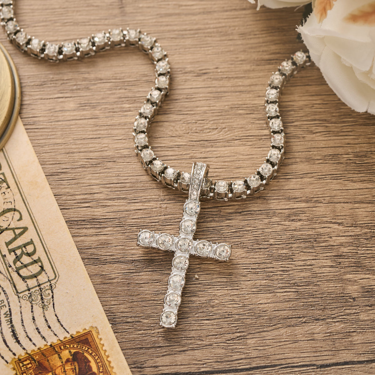 Sparkling Gem Encrusted Cross Pendant Tennis Chain: Token of Divine Calm and Hope