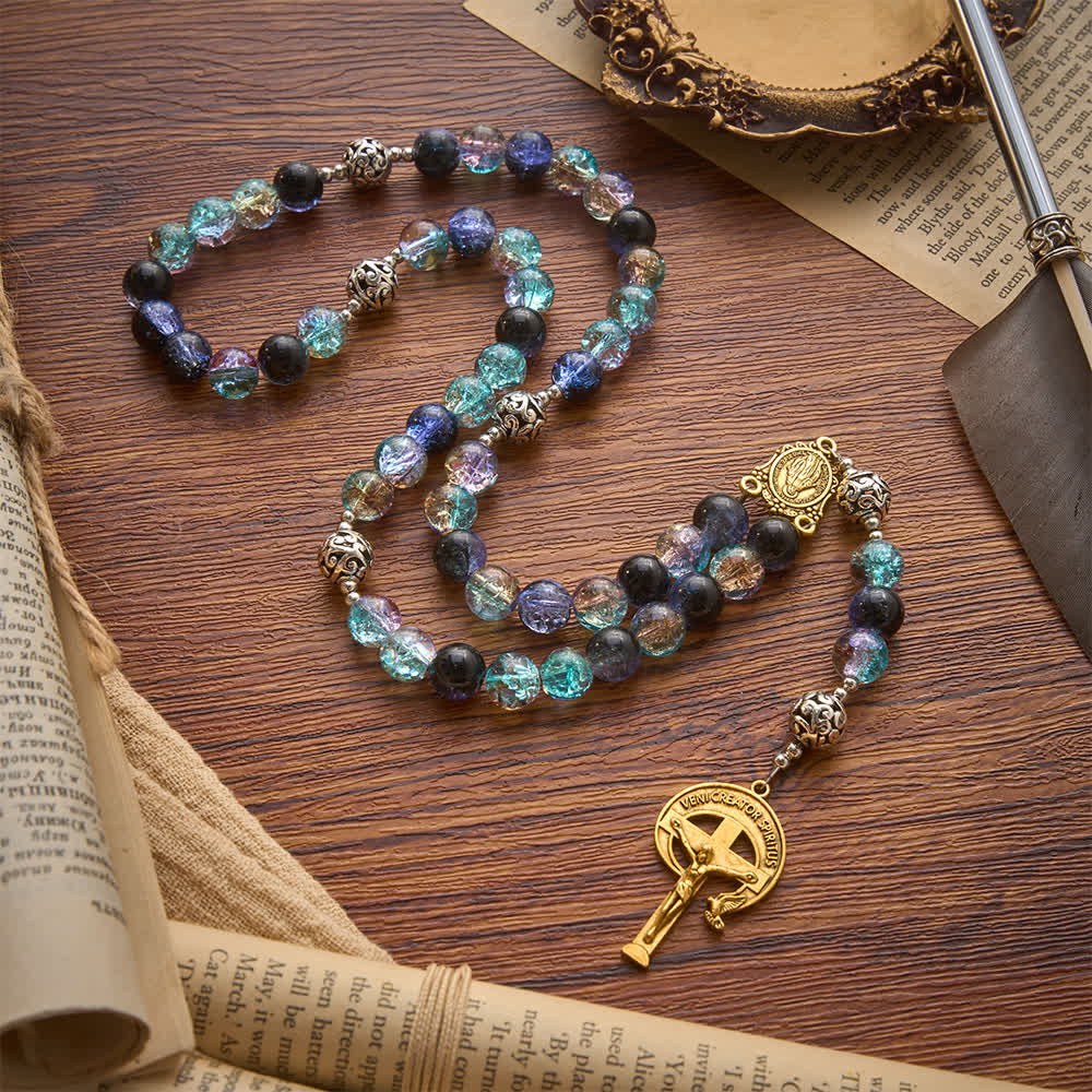 Galaxy Tone Crackle Glass Rosary With Inscribed Crucifix: Emblem of Timeless Sacred Grace