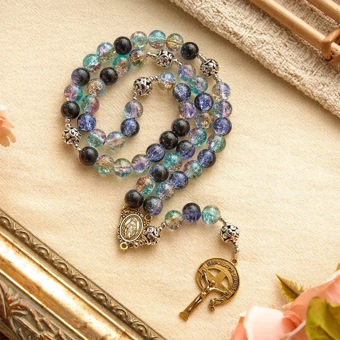 Galaxy Tone Crackle Glass Rosary With Inscribed Crucifix: Emblem of Timeless Sacred Grace