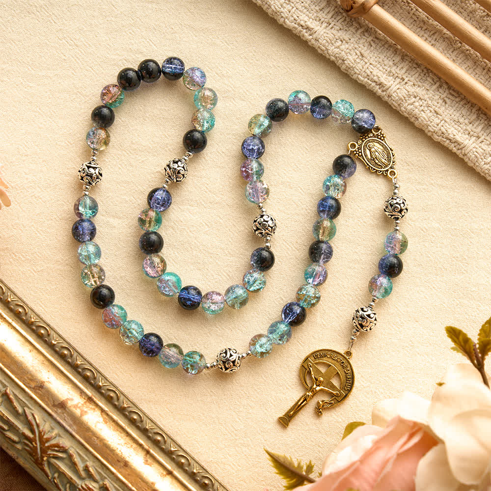 Galaxy Tone Crackle Glass Rosary With Inscribed Crucifix: Emblem of Timeless Sacred Grace