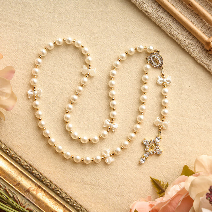 Elegant White Pearl Bow Rosary With Our Lady Jeweled Cross: Emblem of Gentle Heavenly Purity