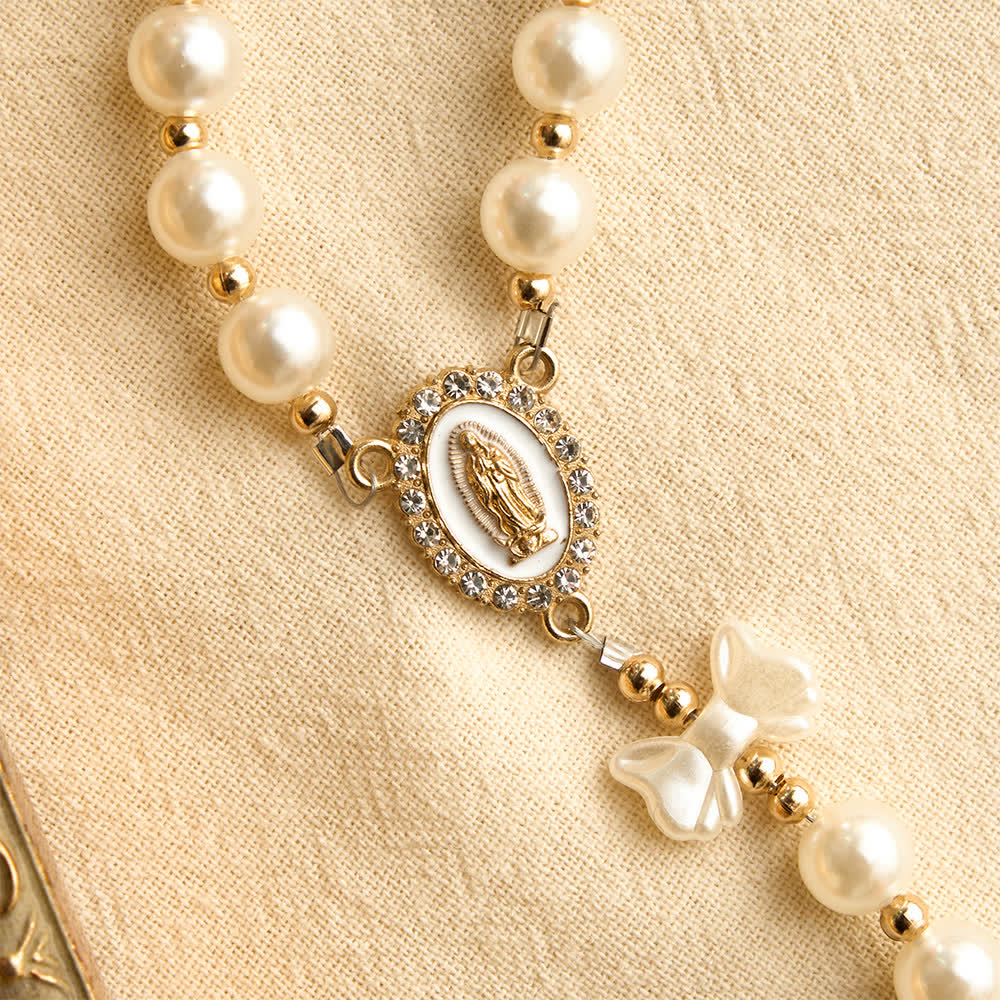 Elegant White Pearl Bow Rosary With Our Lady Jeweled Cross: Emblem of Gentle Heavenly Purity