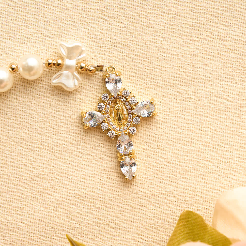 Elegant White Pearl Bow Rosary With Our Lady Jeweled Cross: Emblem of Gentle Heavenly Purity