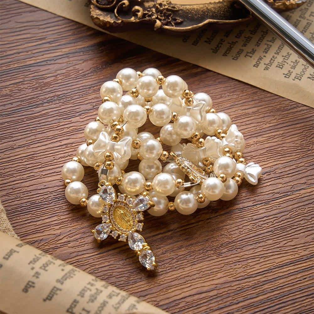 Elegant White Pearl Bow Rosary With Our Lady Jeweled Cross: Emblem of Gentle Heavenly Purity