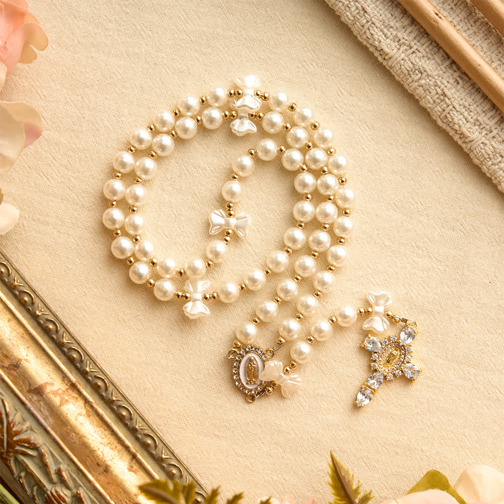Elegant White Pearl Bow Rosary With Our Lady Jeweled Cross: Emblem of Gentle Heavenly Purity
