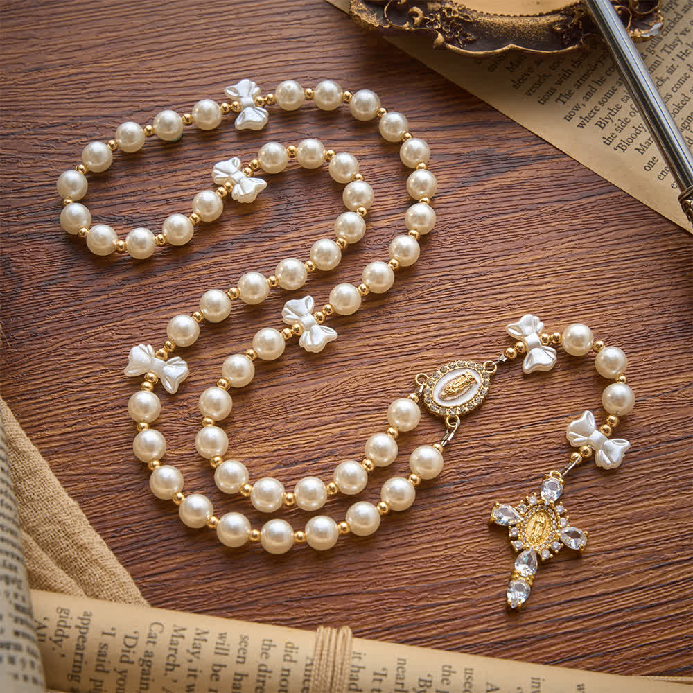 Elegant White Pearl Bow Rosary With Our Lady Jeweled Cross: Emblem of Gentle Heavenly Purity