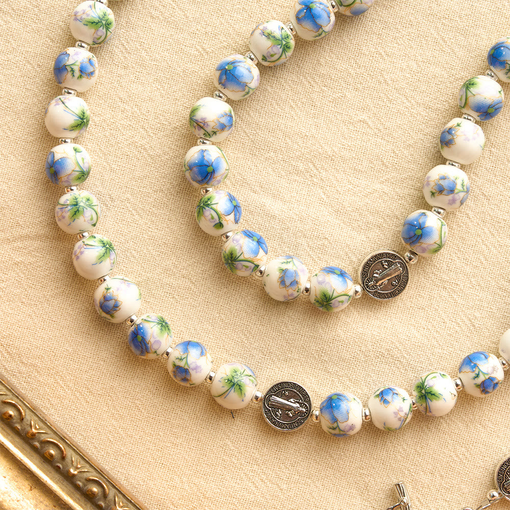 Blue & White Floral Ceramic Rosary with St. Benedict Medals & Our Lady