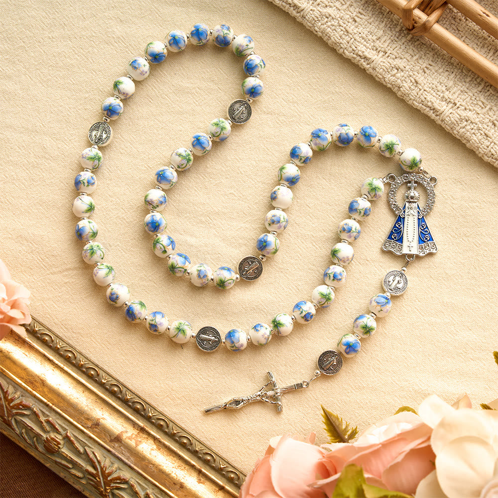 Blue & White Floral Ceramic Rosary with St. Benedict Medals & Our Lady