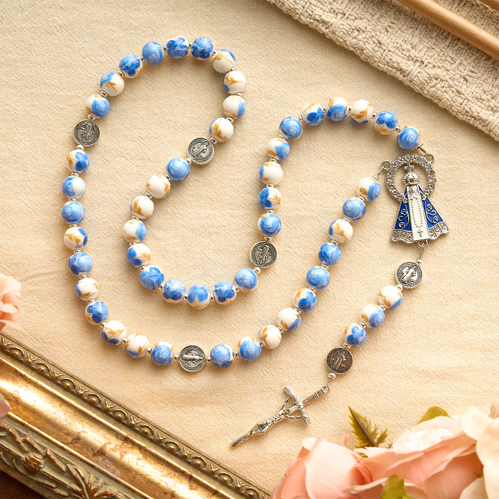 Blue & White Floral Ceramic Rosary with St. Benedict Medals & Our Lady