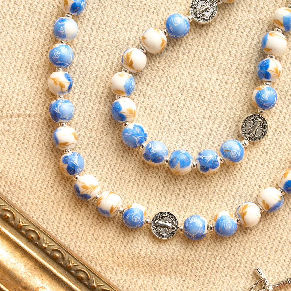 Blue & White Floral Ceramic Rosary with St. Benedict Medals & Our Lady