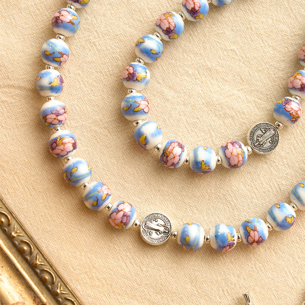 Blue & White Floral Ceramic Rosary with St. Benedict Medals & Our Lady