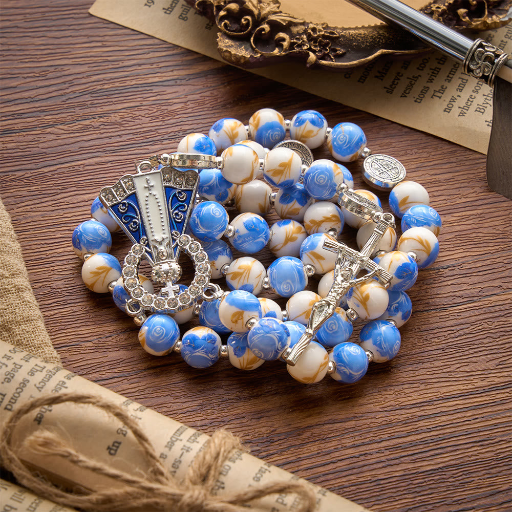 Blue & White Floral Ceramic Rosary with St. Benedict Medals & Our Lady