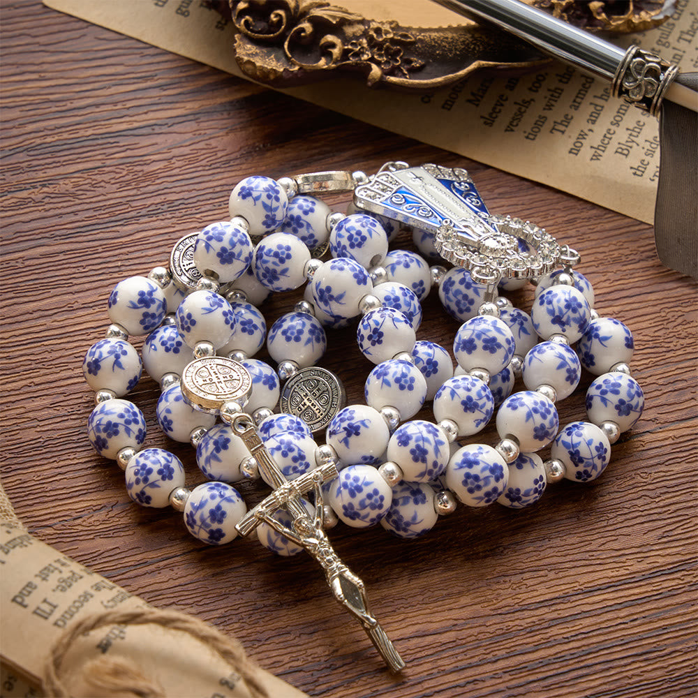 Blue & White Floral Ceramic Rosary with St. Benedict Medals & Our Lady