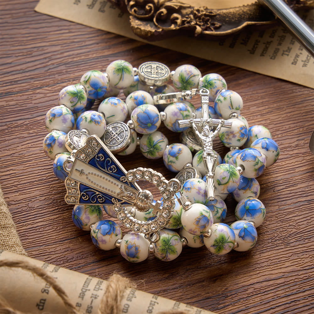 Blue & White Floral Ceramic Rosary with St. Benedict Medals & Our Lady