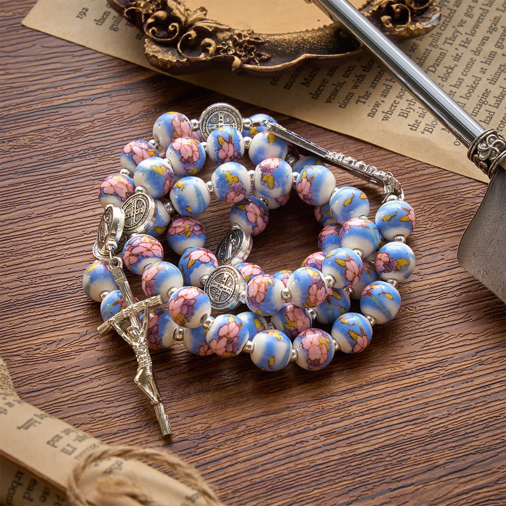 Blue & White Floral Ceramic Rosary with St. Benedict Medals & Our Lady