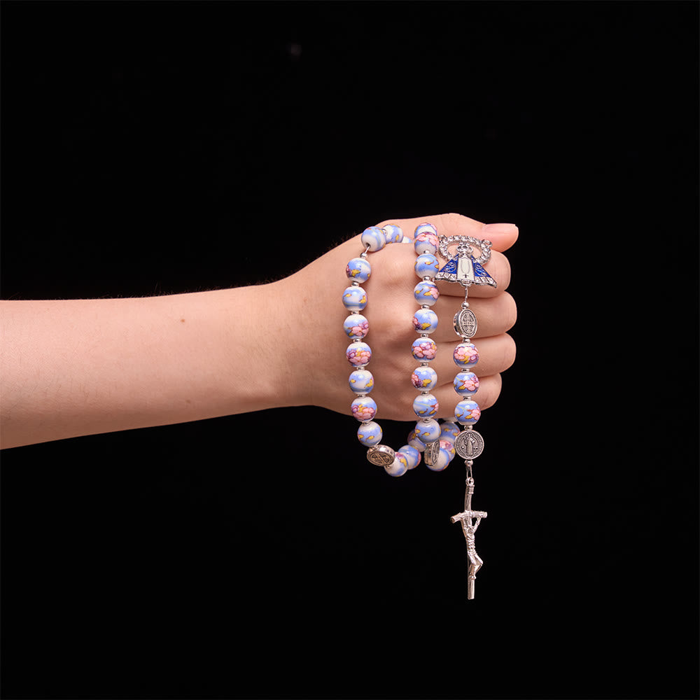 Blue & White Floral Ceramic Rosary with St. Benedict Medals & Our Lady