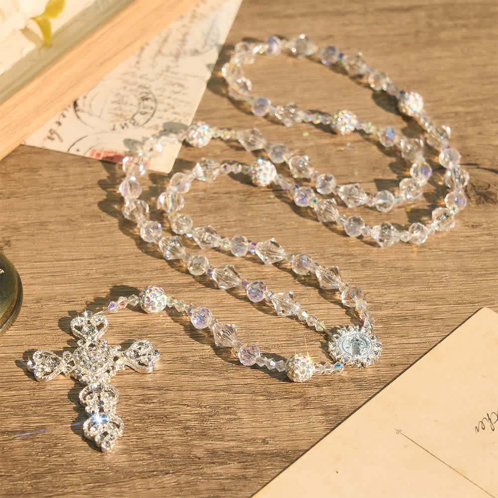 Clear Faceted Glass St.Benedict Rosary With Rhinestone Ornate Crucifix: Emblem of Radiant Heavenly Purity