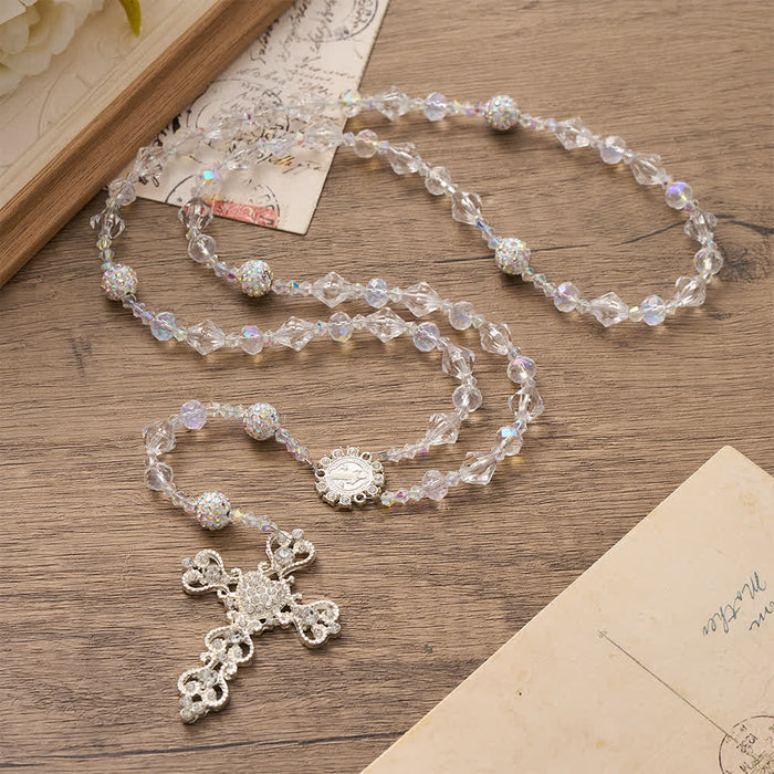 Clear Faceted Glass St.Benedict Rosary With Rhinestone Ornate Crucifix: Emblem of Radiant Heavenly Purity