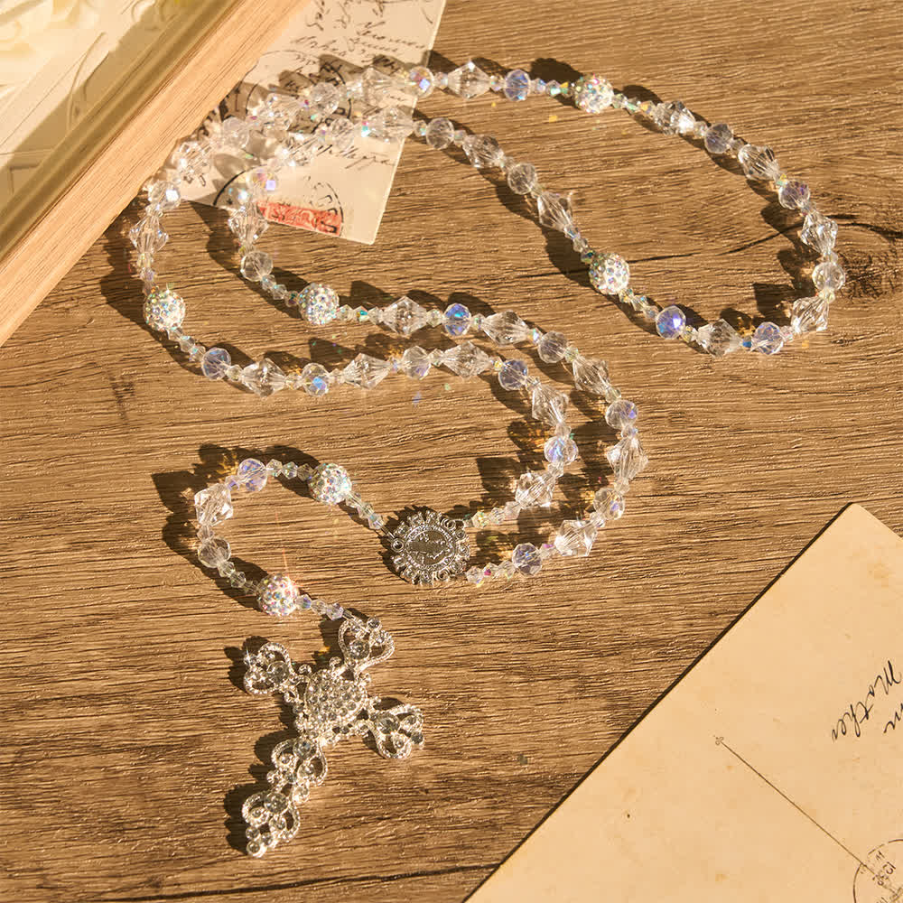 Clear Faceted Glass St.Benedict Rosary With Rhinestone Ornate Crucifix: Emblem of Radiant Heavenly Purity