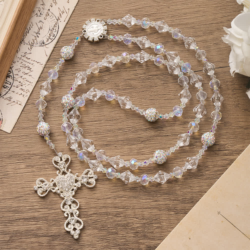 Clear Faceted Glass St.Benedict Rosary With Rhinestone Ornate Crucifix: Emblem of Radiant Heavenly Purity