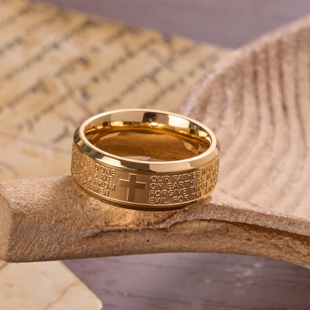 Deep Engraved Cross Lord’s Prayer Stainless Steel Wide Band Ring: Emblem of Abiding Heavenly Faith