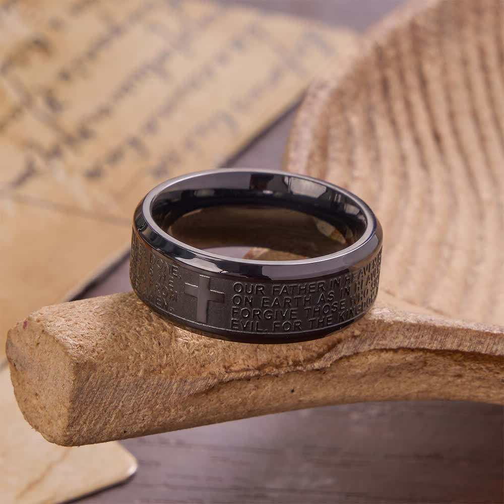 Deep Engraved Cross Lord’s Prayer Stainless Steel Wide Band Ring: Emblem of Abiding Heavenly Faith