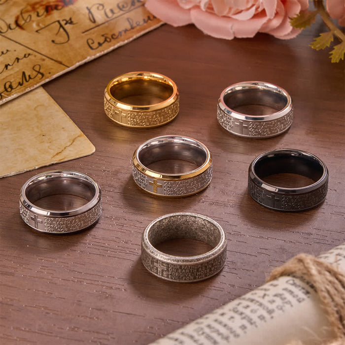 Deep Engraved Cross Lord’s Prayer Stainless Steel Wide Band Ring: Emblem of Abiding Heavenly Faith