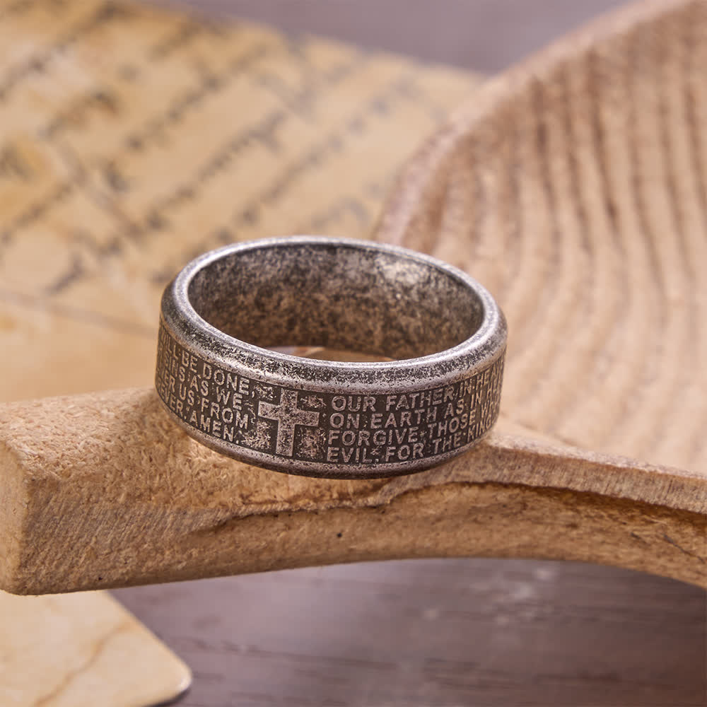 Deep Engraved Cross Lord’s Prayer Stainless Steel Wide Band Ring: Emblem of Abiding Heavenly Faith