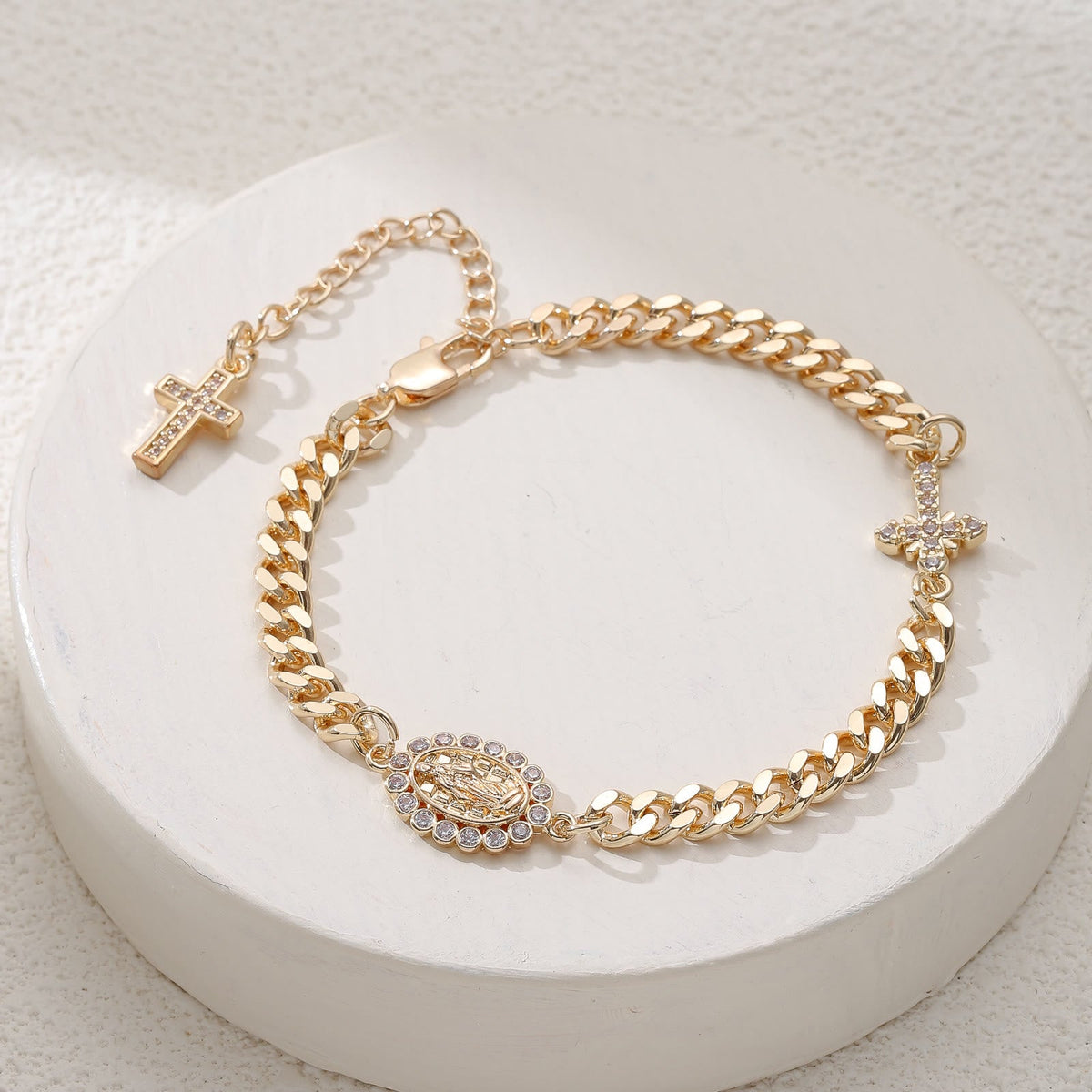 Dainty Cross Accent Portrait Cuban Bracelet: Meaningful Sacred Wrist Accessory