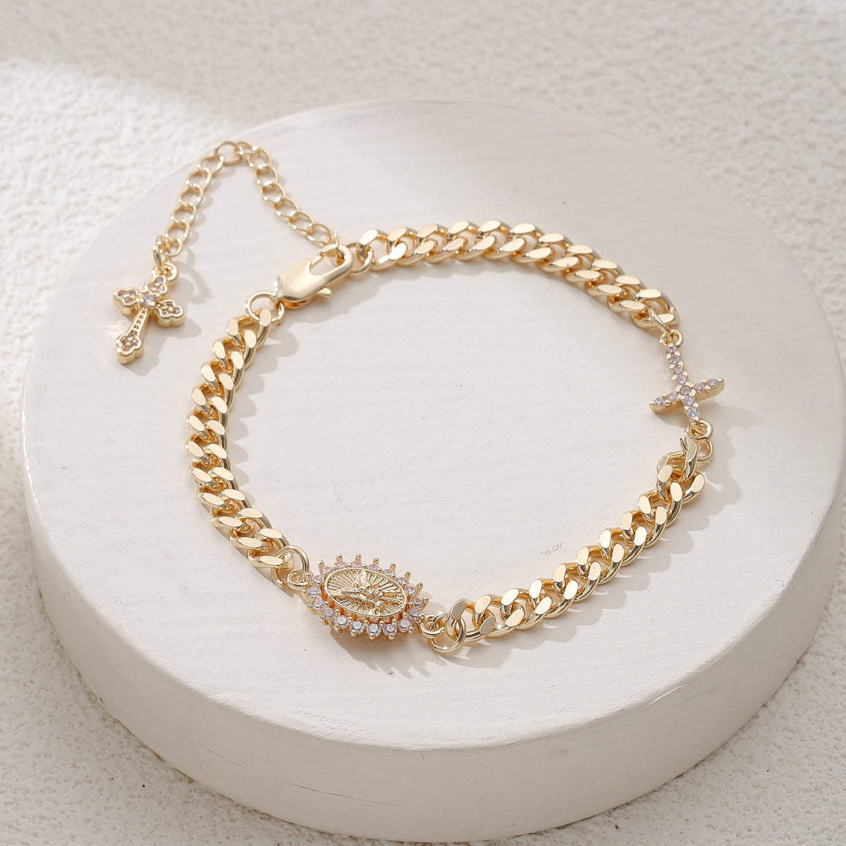 Dainty Cross Accent Portrait Cuban Bracelet: Meaningful Sacred Wrist Accessory
