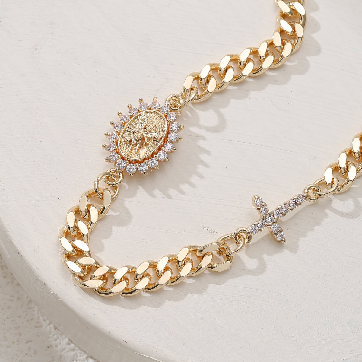 Dainty Cross Accent Portrait Cuban Bracelet: Meaningful Sacred Wrist Accessory