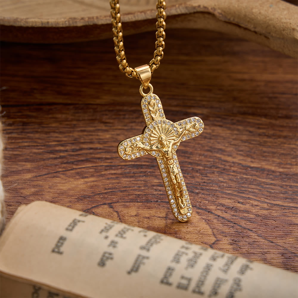 Sparkling Pave Crystal Crucifix Box Chain Necklace: Emblem of Timeless Sacrificial Love