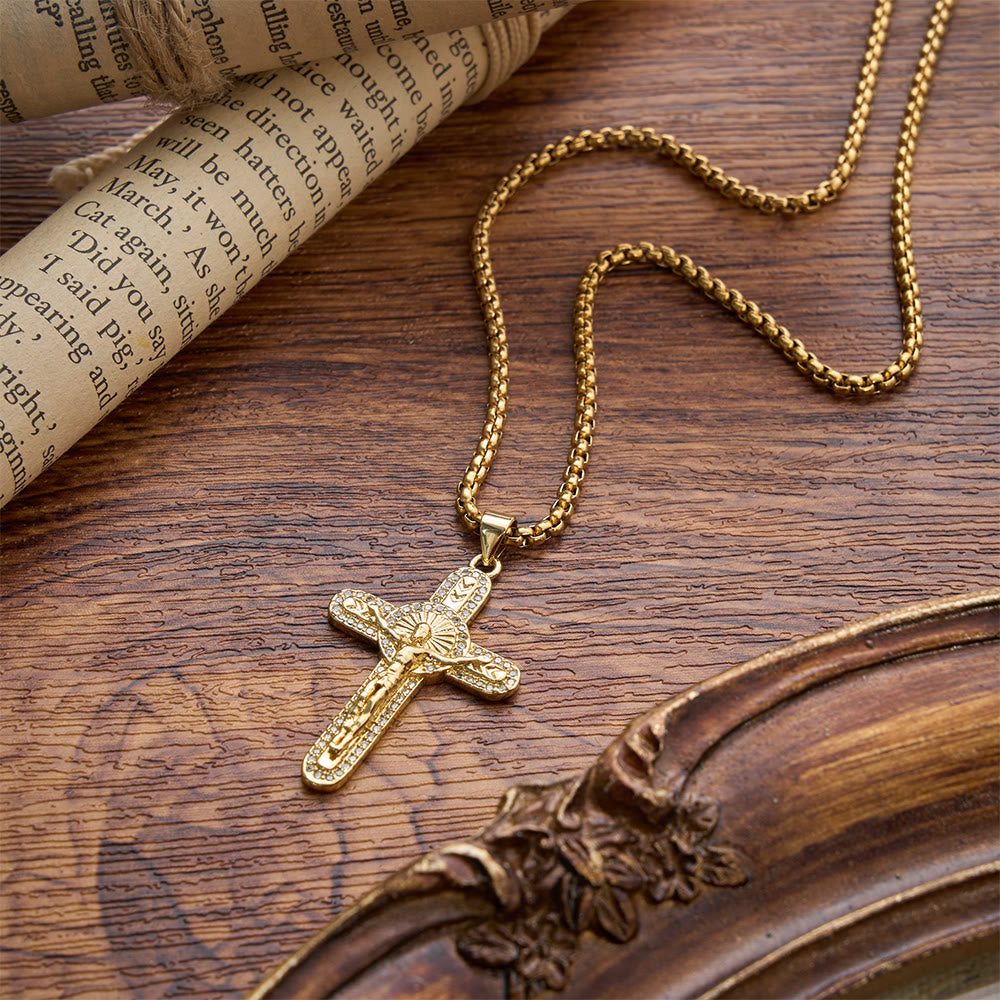 Sparkling Pave Crystal Crucifix Box Chain Necklace: Emblem of Timeless Sacrificial Love