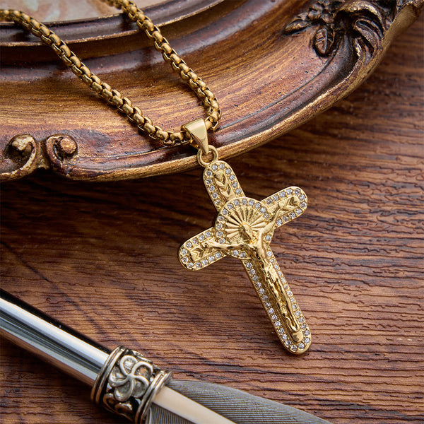 Sparkling Pave Crystal Crucifix Box Chain Necklace: Emblem of Timeless Sacrificial Love